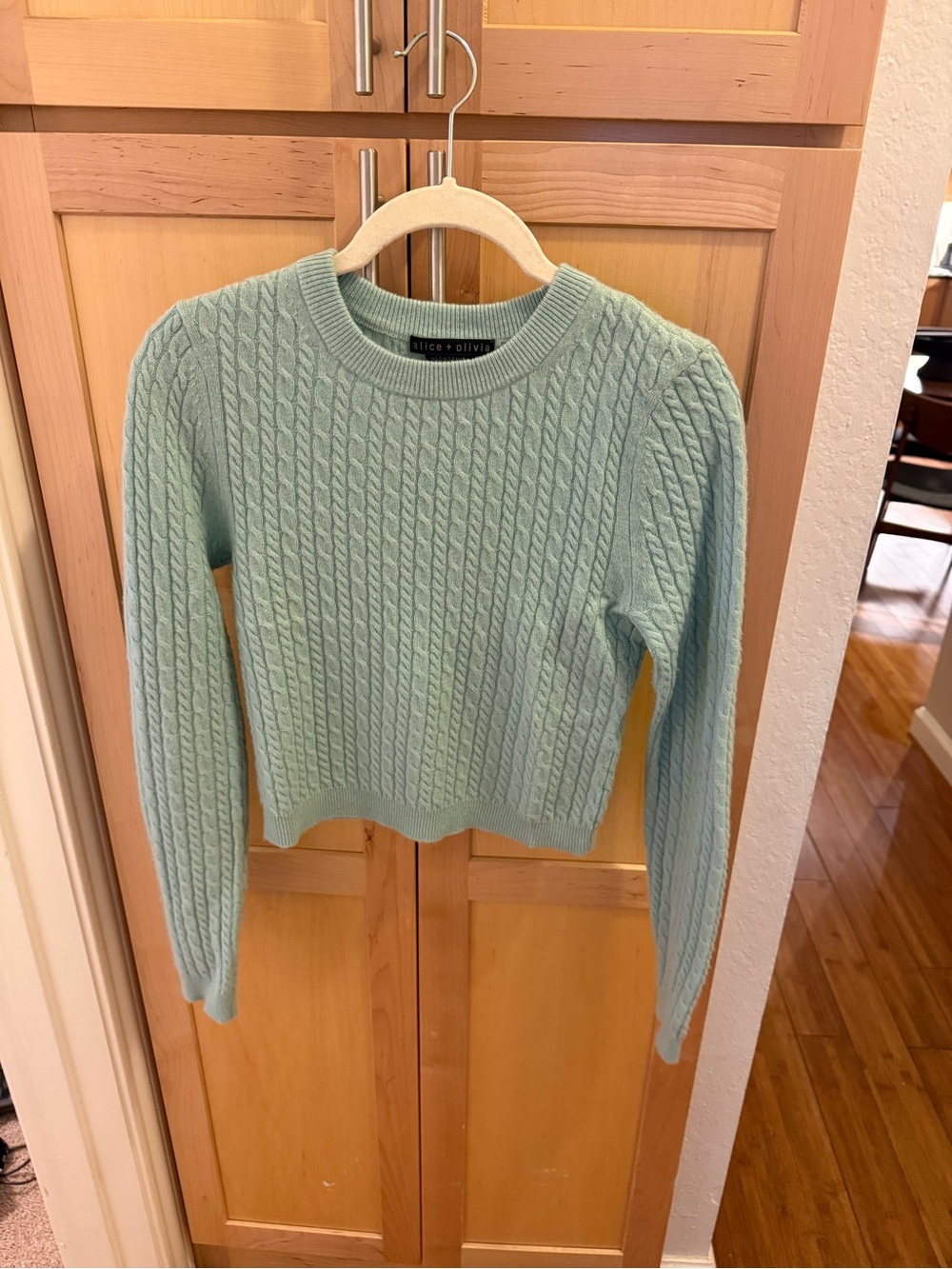 Alice + Olivia Mint Cable-Knit Crewneck Sweater